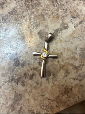 Two-Tone Silver and Gold Cross Pendant with Crystal Accent